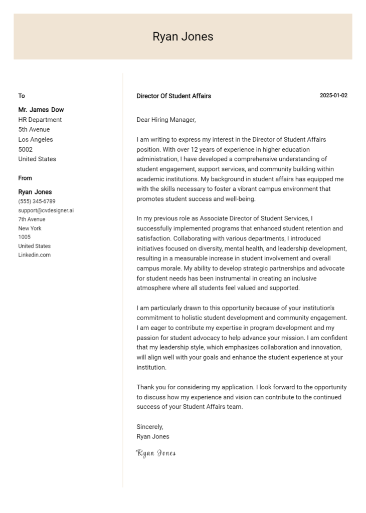 director of student affairs cover letter example