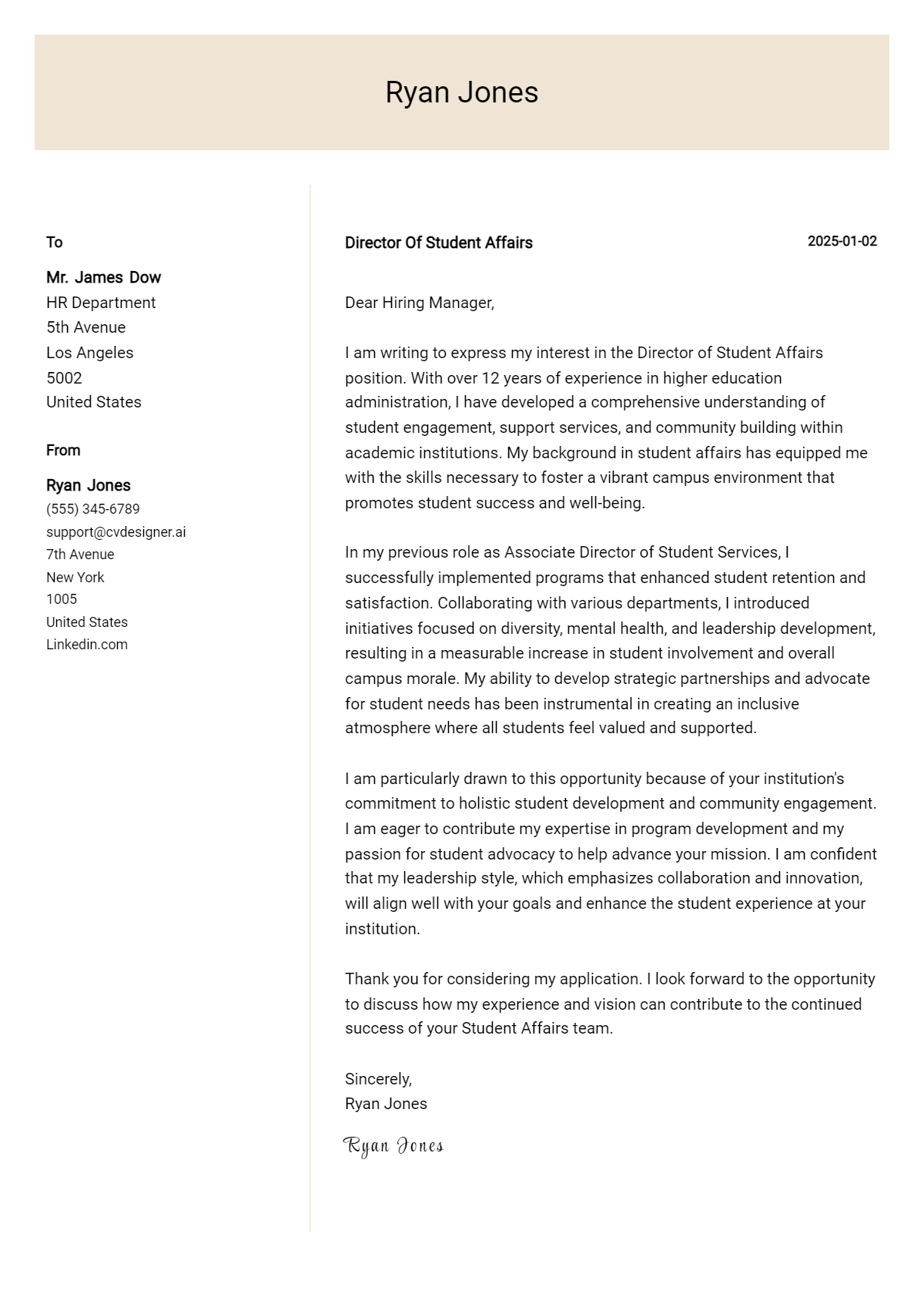 director of student affairs cover letter example