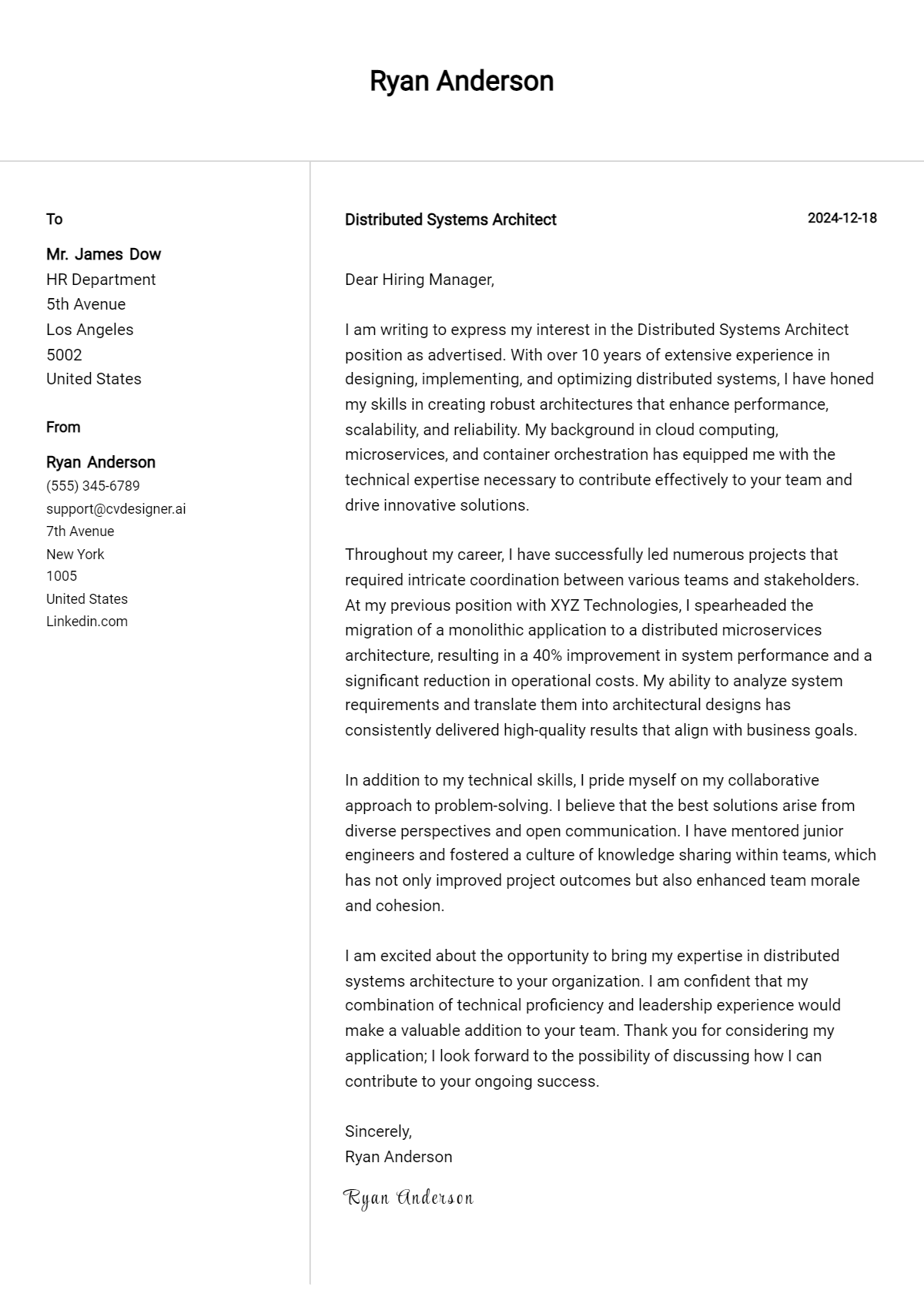 distributed systems architect cover letter example