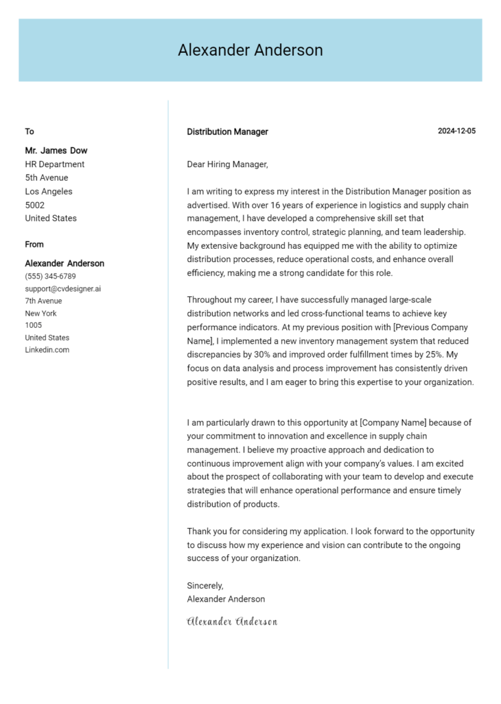 distribution manager cover letter example