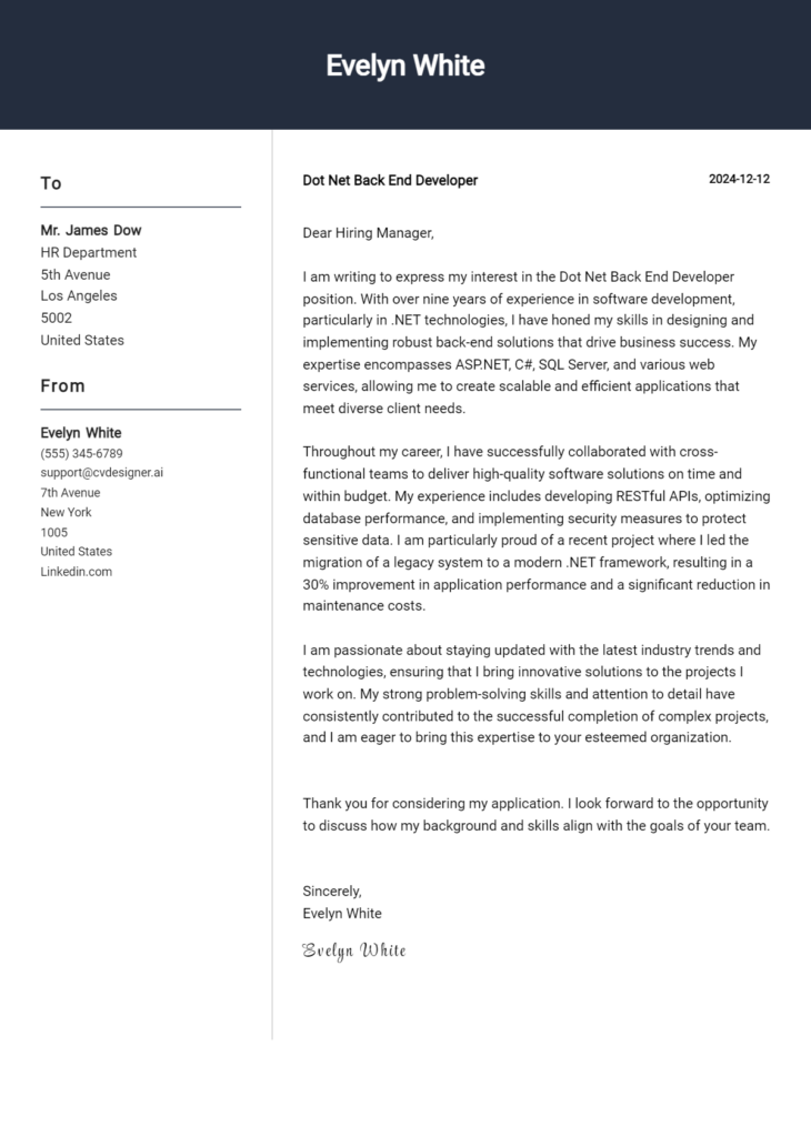 dot net back end developer cover letter example