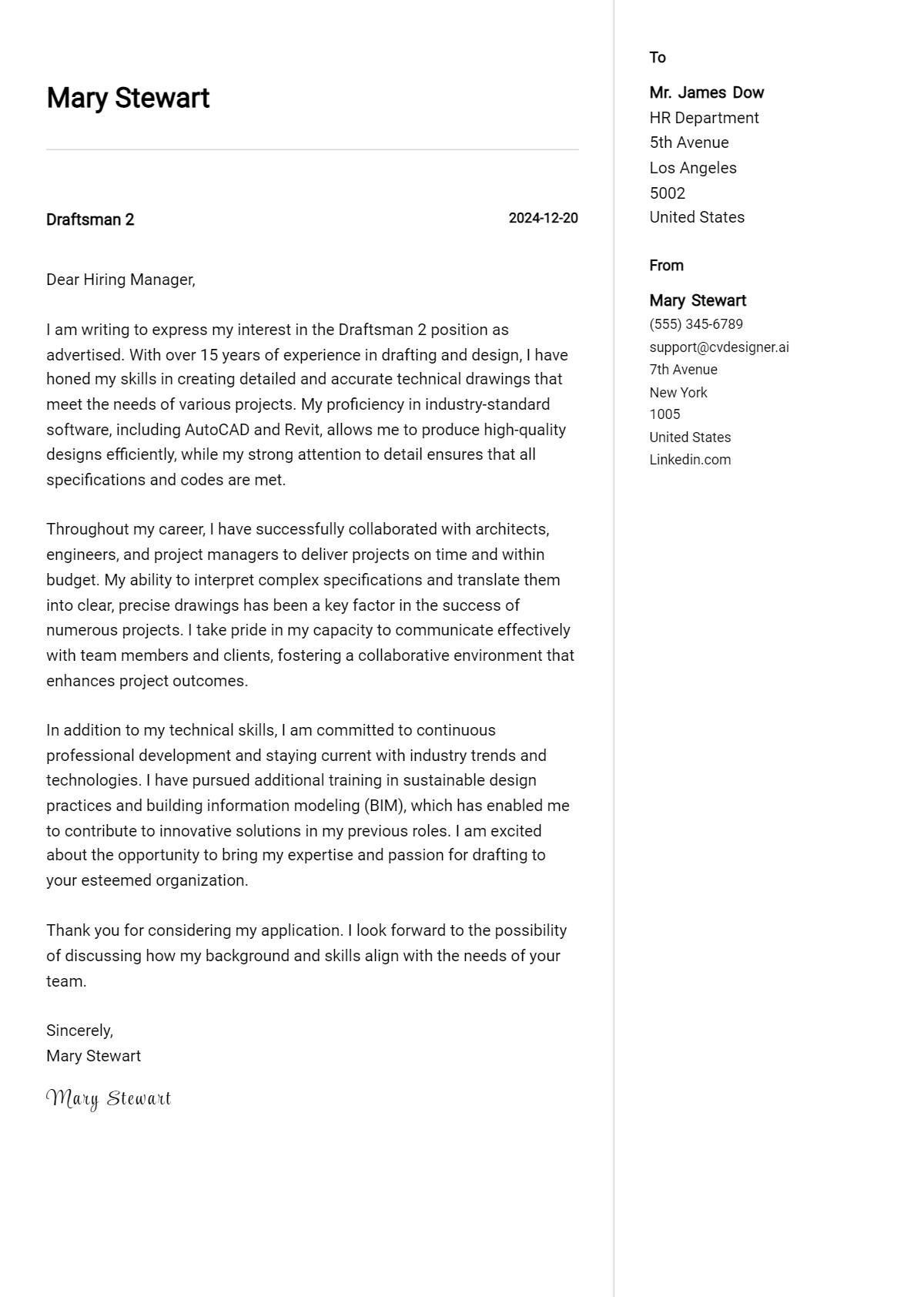 draftsman 2 cover letter example