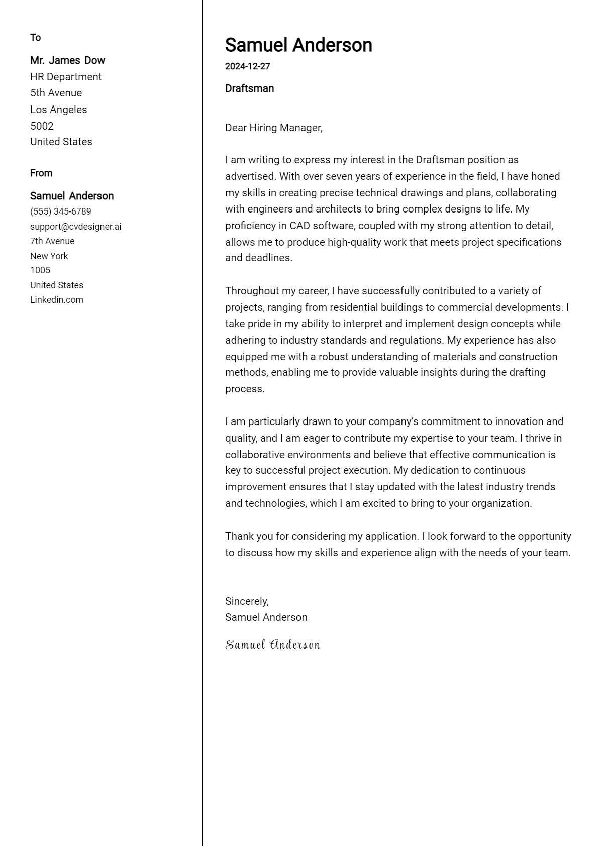 draftsman cover letter example