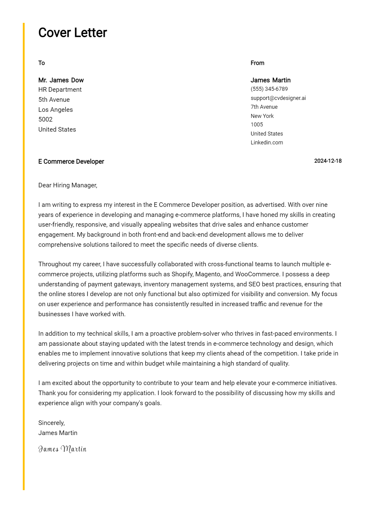 e commerce developer cover letter example