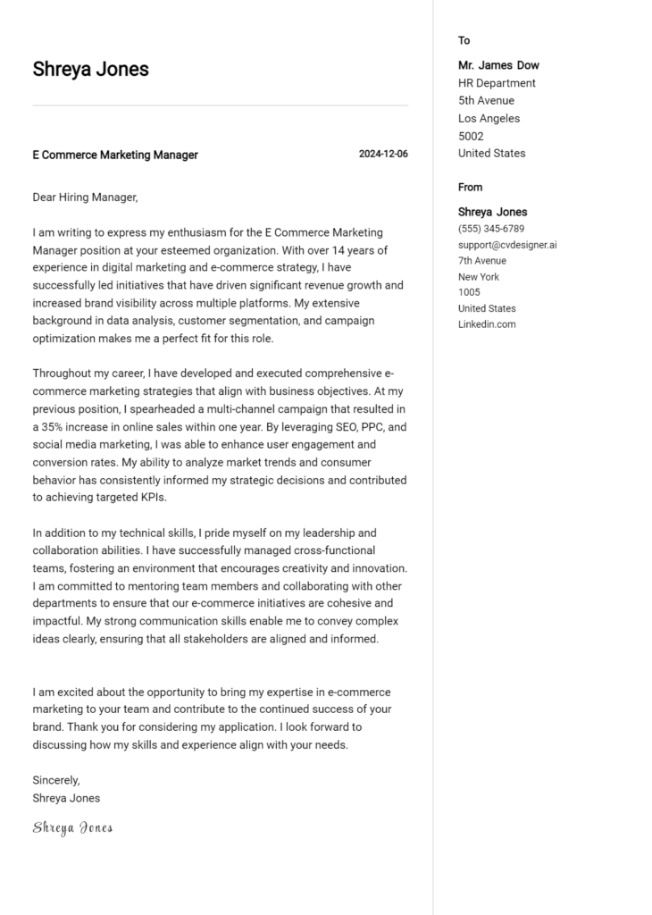 e commerce marketing manager cover letter example