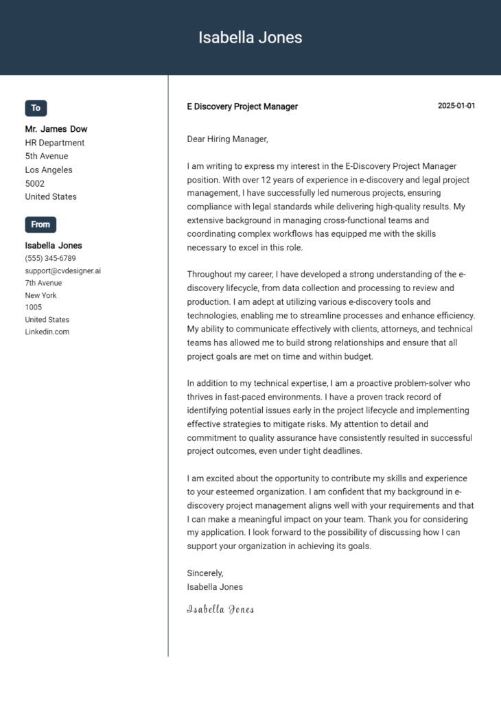 e discovery project manager cover letter example