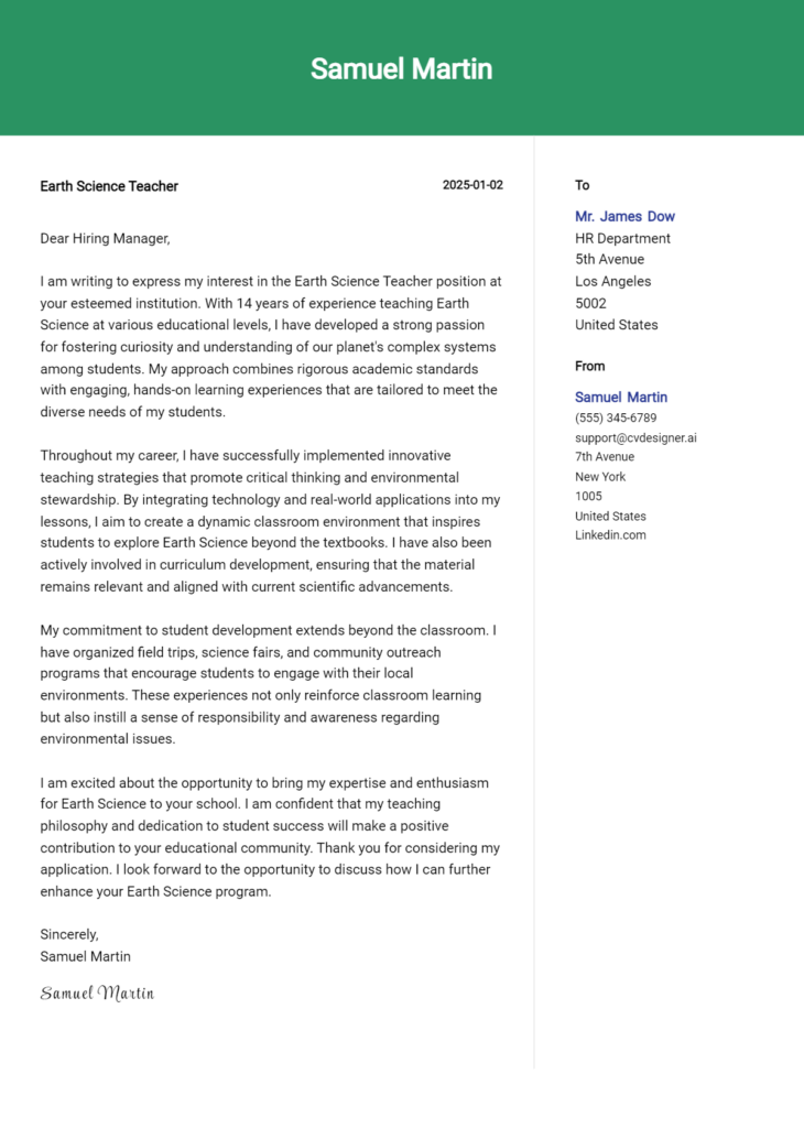 earth science teacher cover letter example