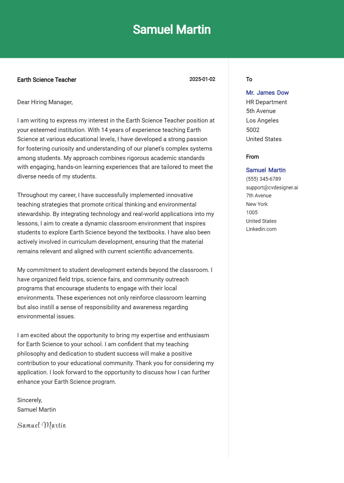 earth science teacher cover letter example