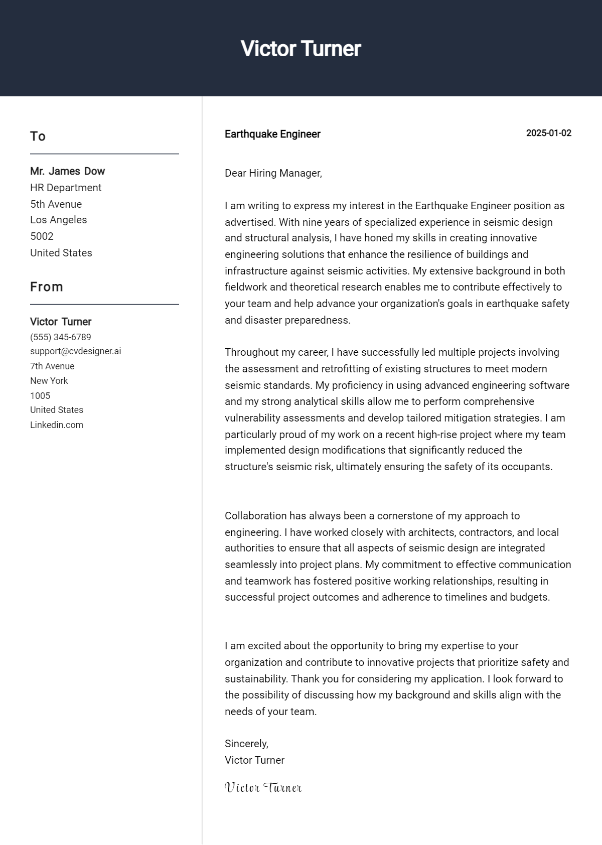 earthquake engineer cover letter example