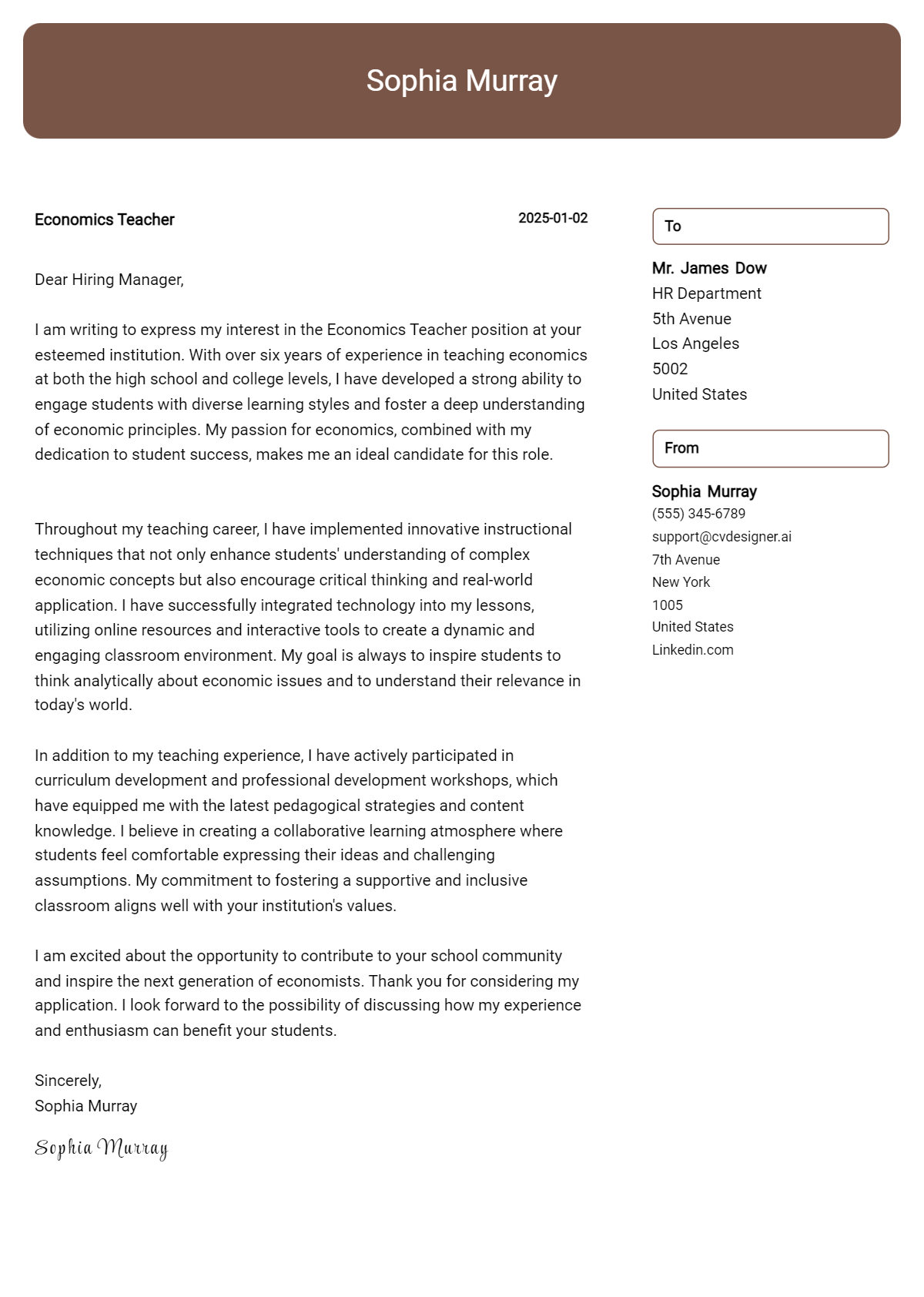 economics teacher cover letter example