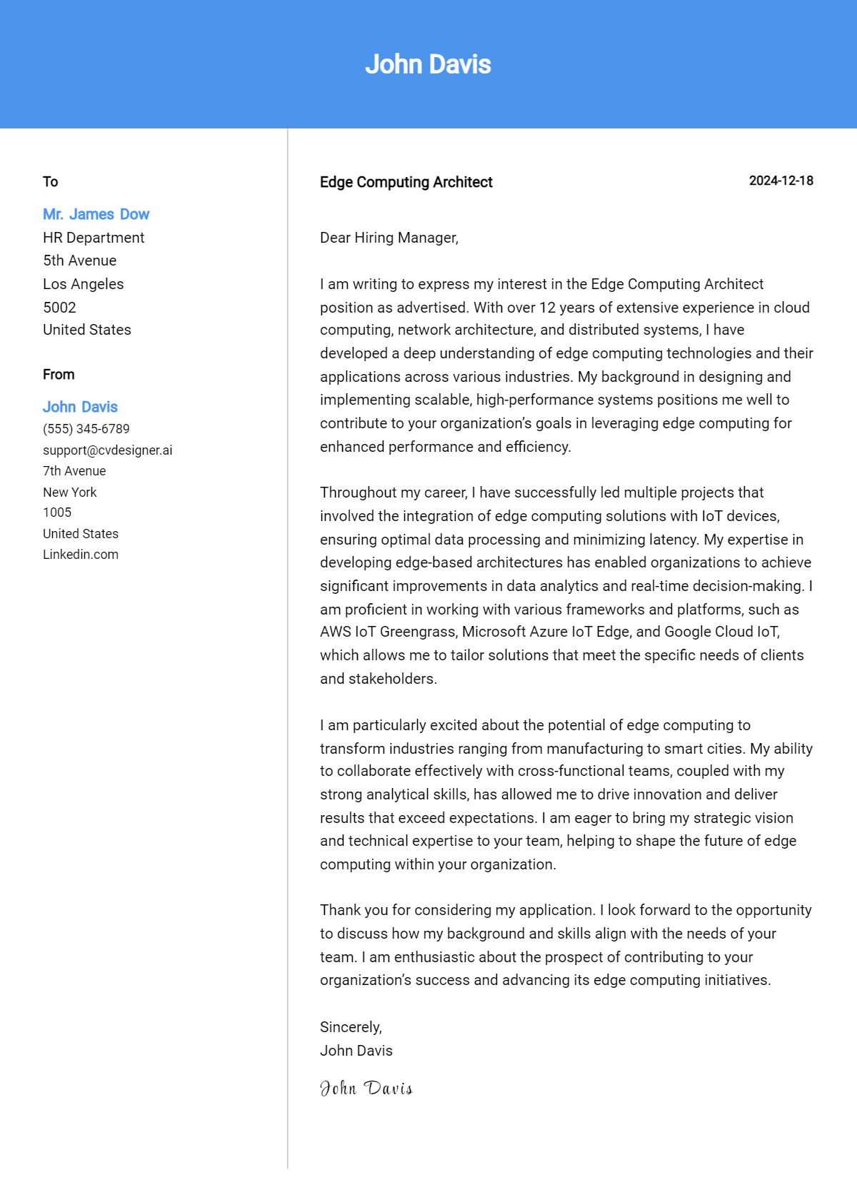 edge computing architect cover letter example