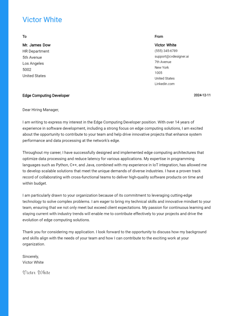 edge computing developer cover letter example