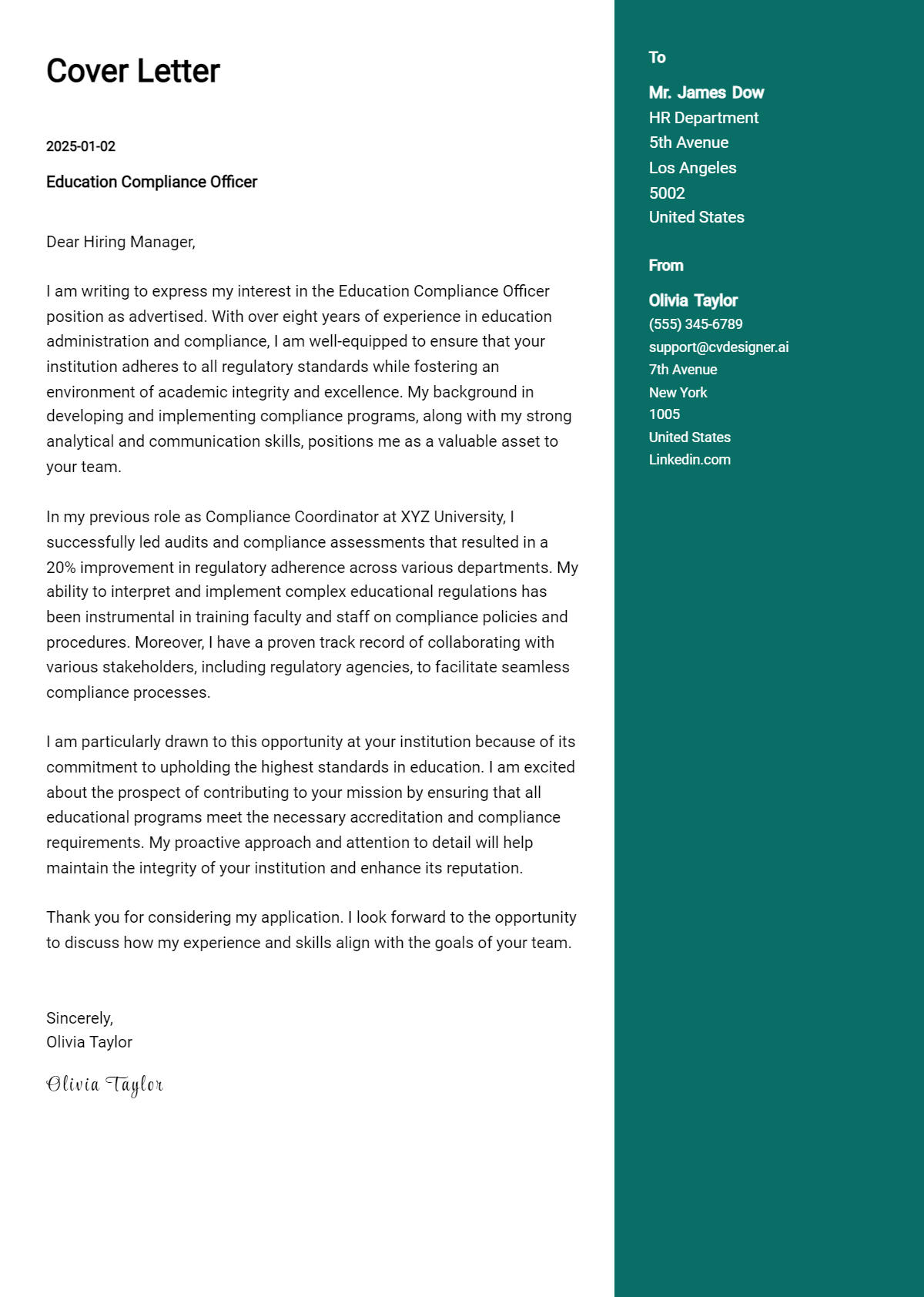 education compliance officer cover letter example