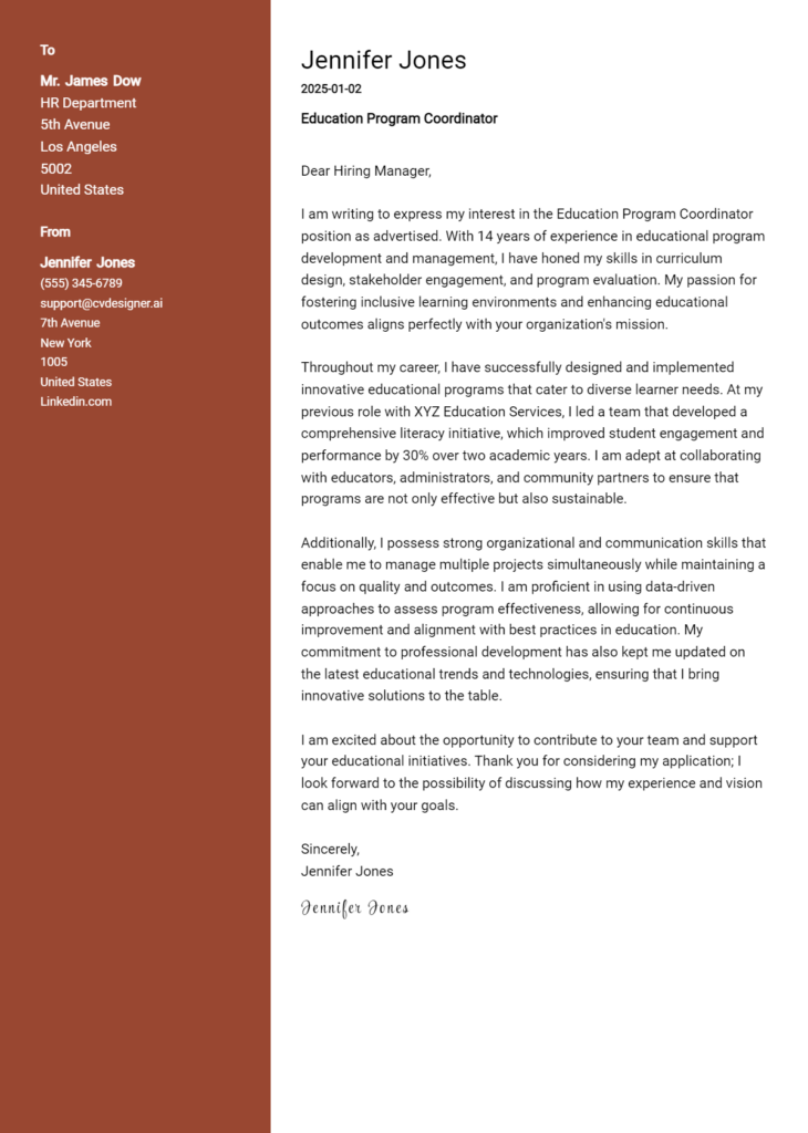 education program coordinator cover letter example