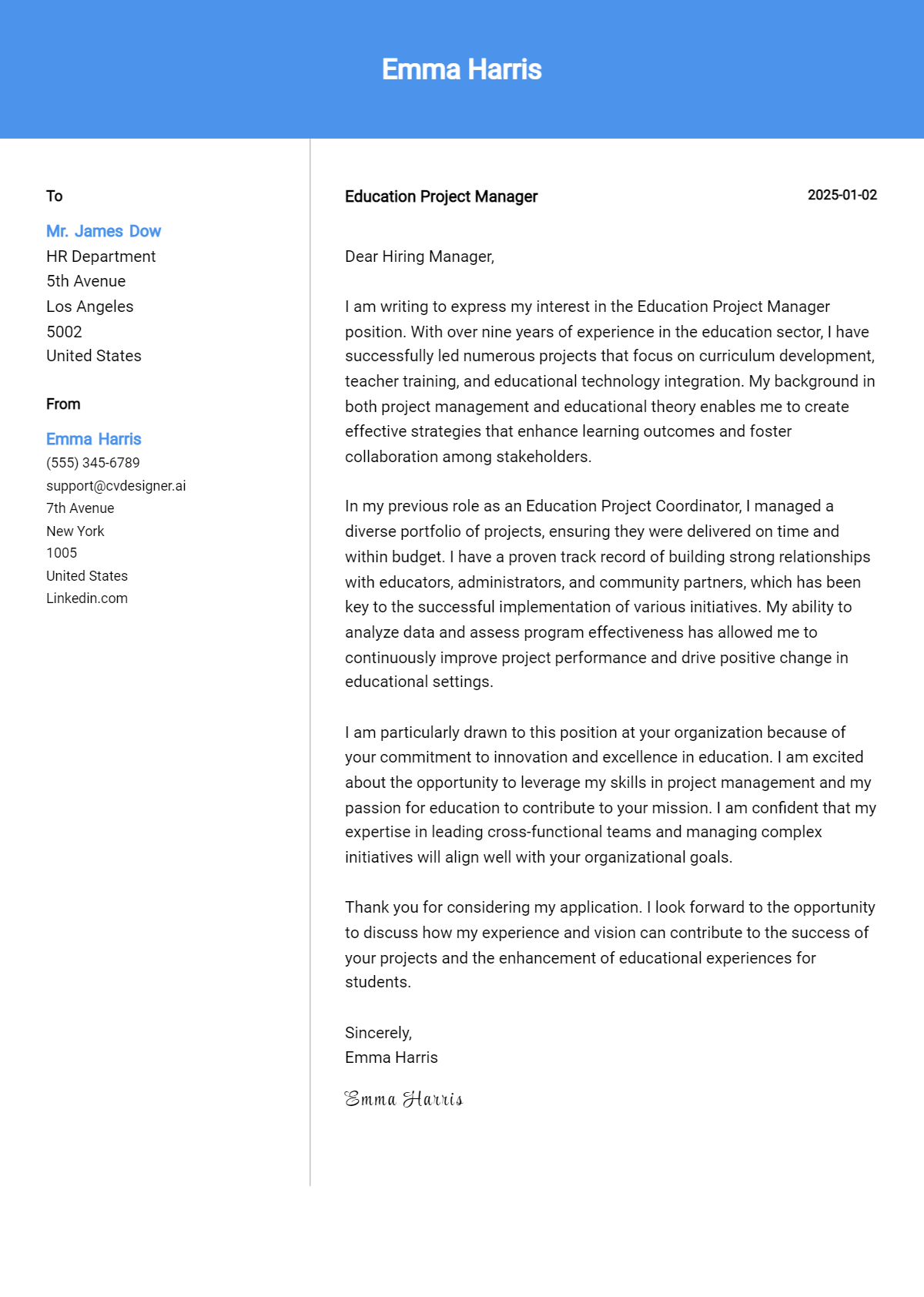 education project manager cover letter example