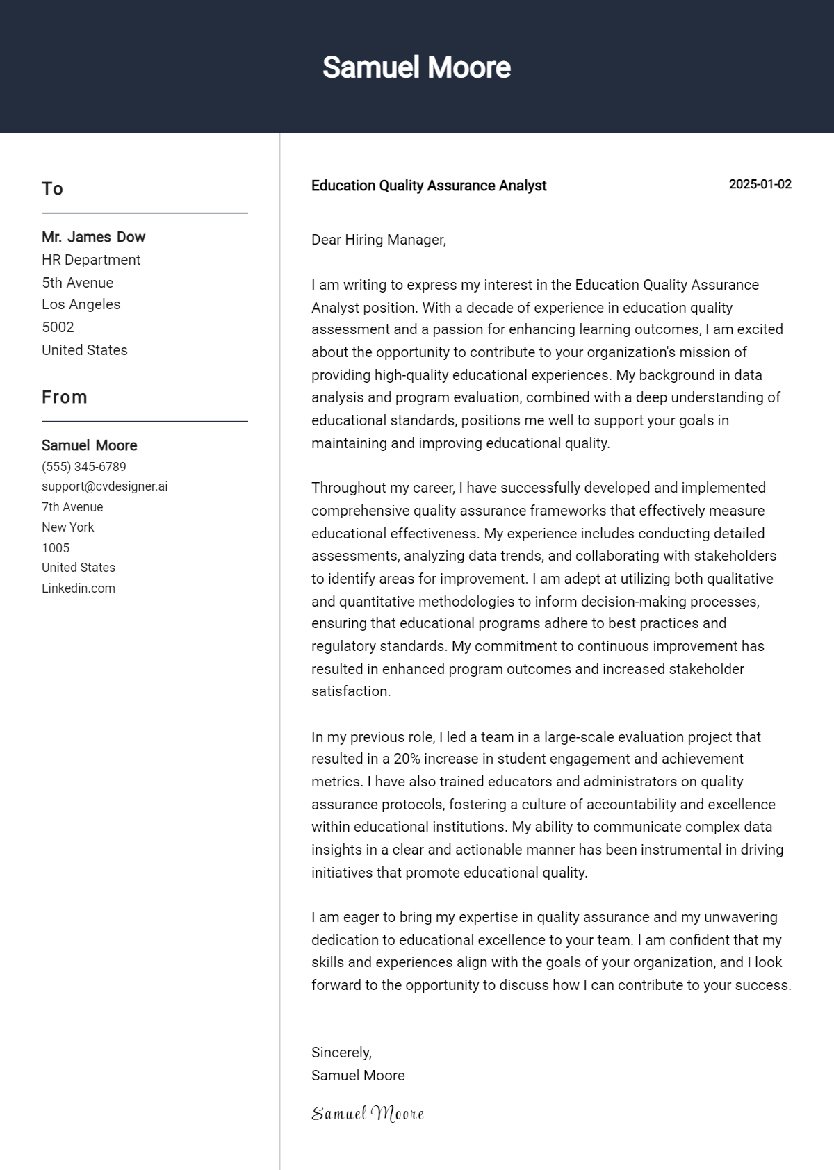 education quality assurance analyst cover letter example