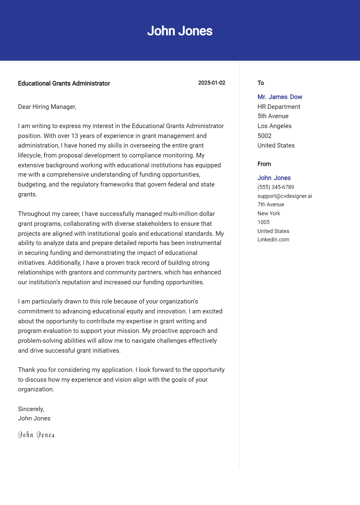 educational grants administrator cover letter example