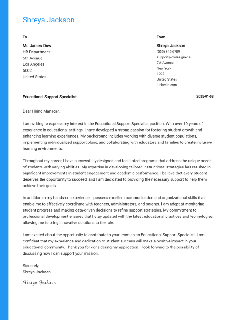 educational support specialist cover letter example