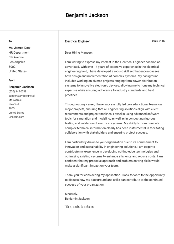 electrical engineer cover letter example