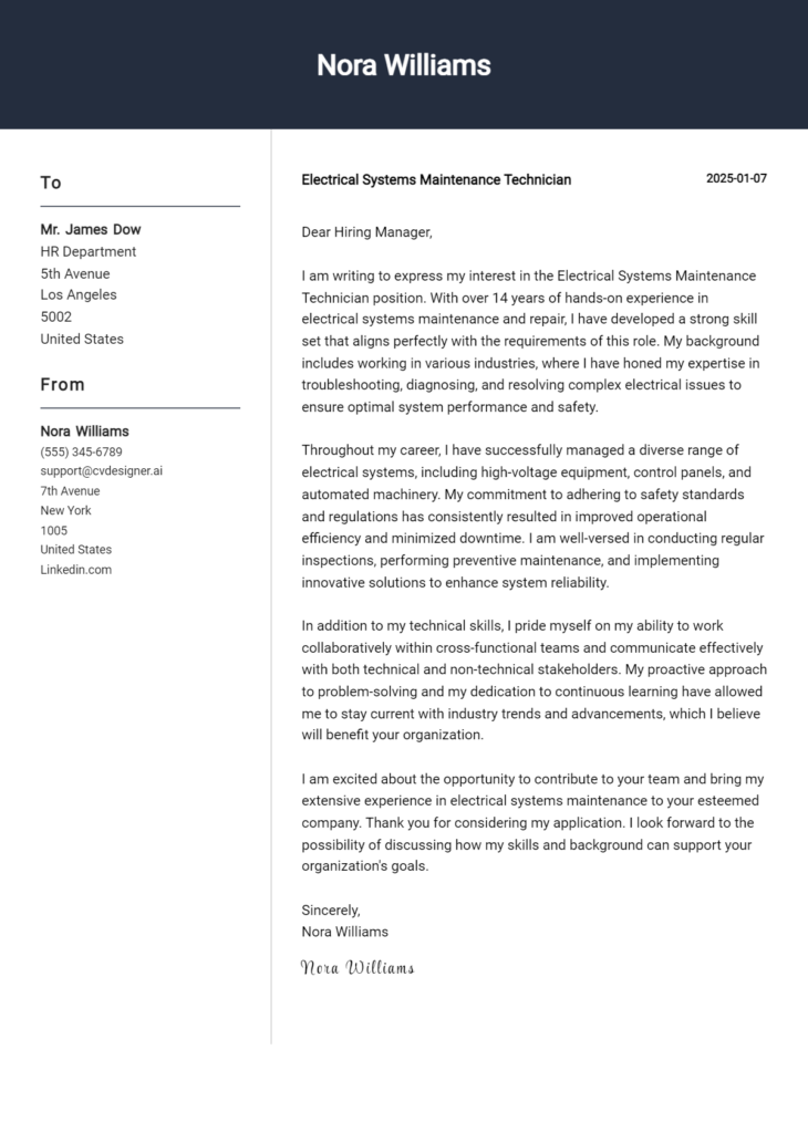 electrical systems maintenance technician cover letter example