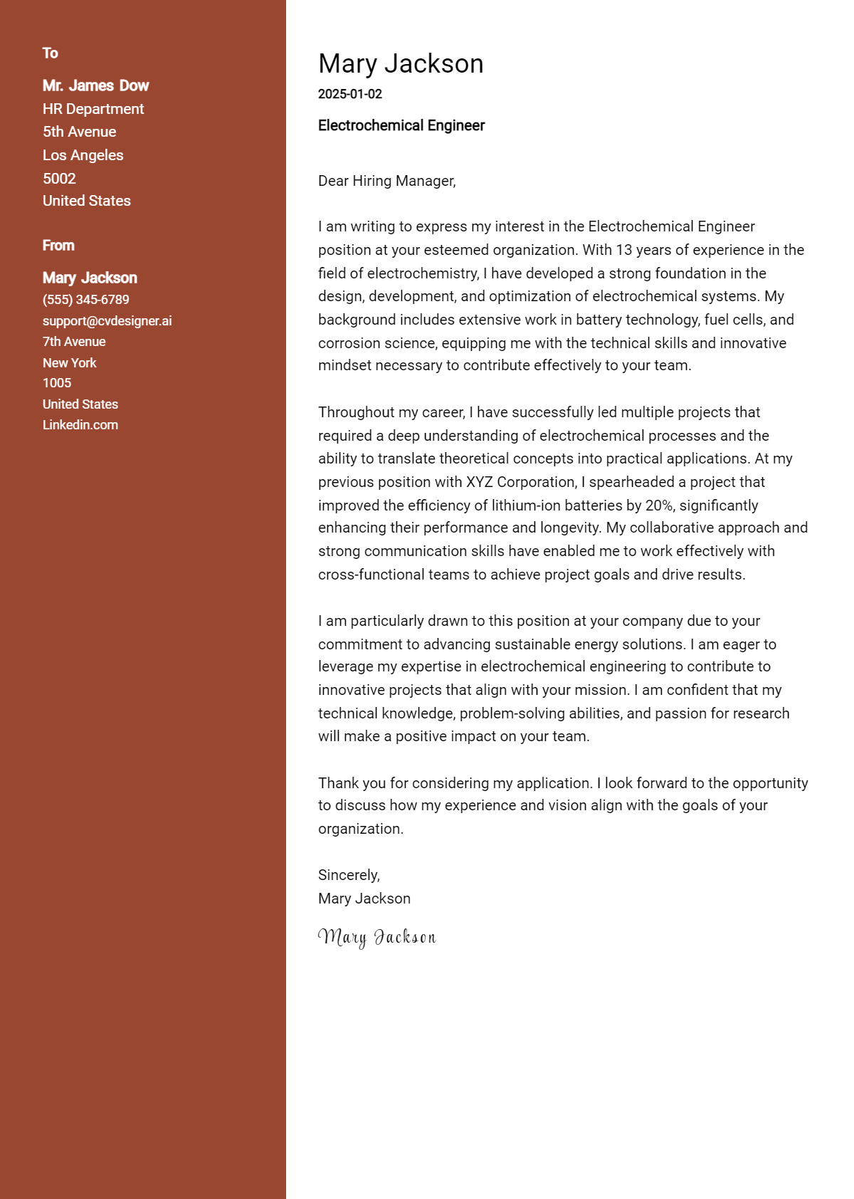 electrochemical engineer cover letter example