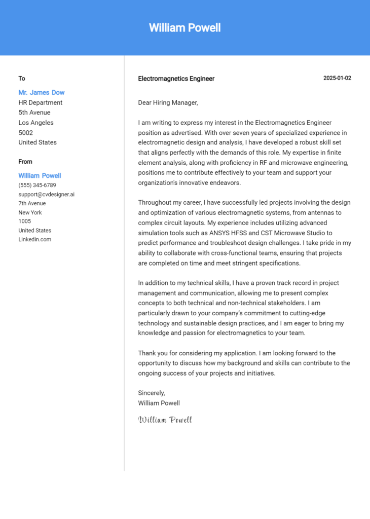 electromagnetics engineer cover letter example