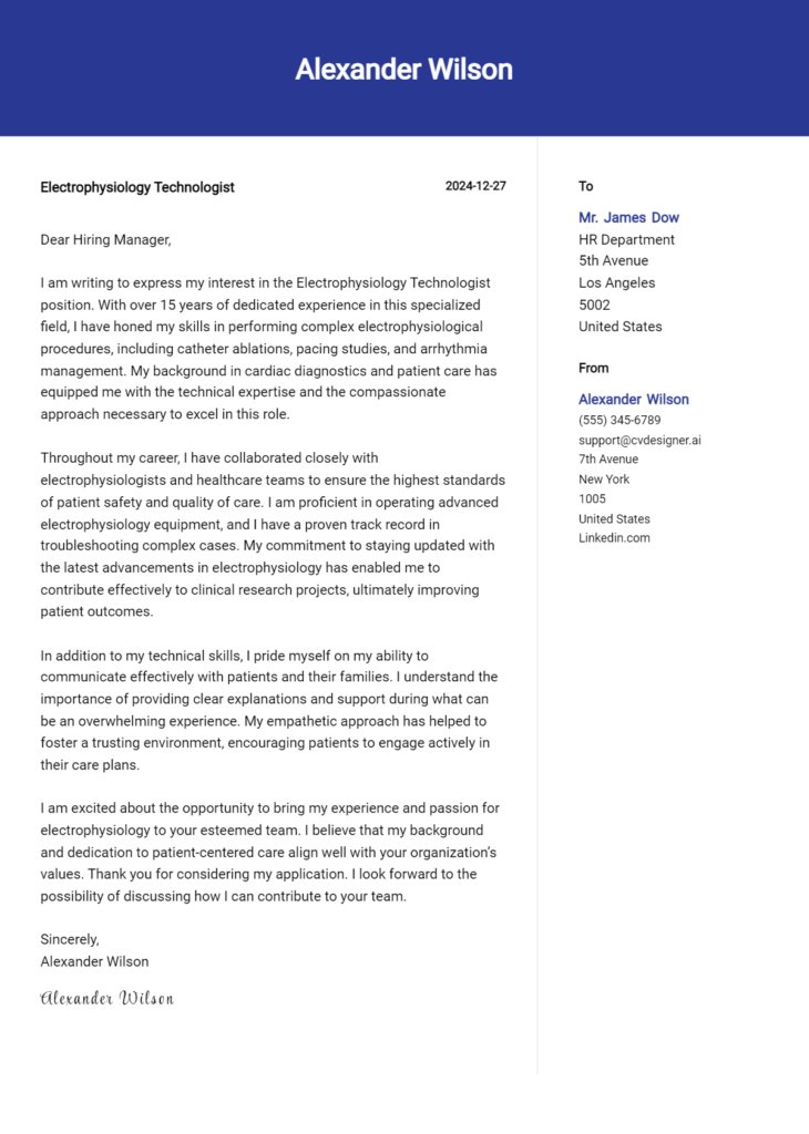 electrophysiology technologist cover letter example