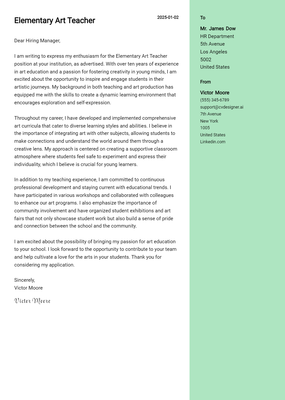 elementary art teacher cover letter example