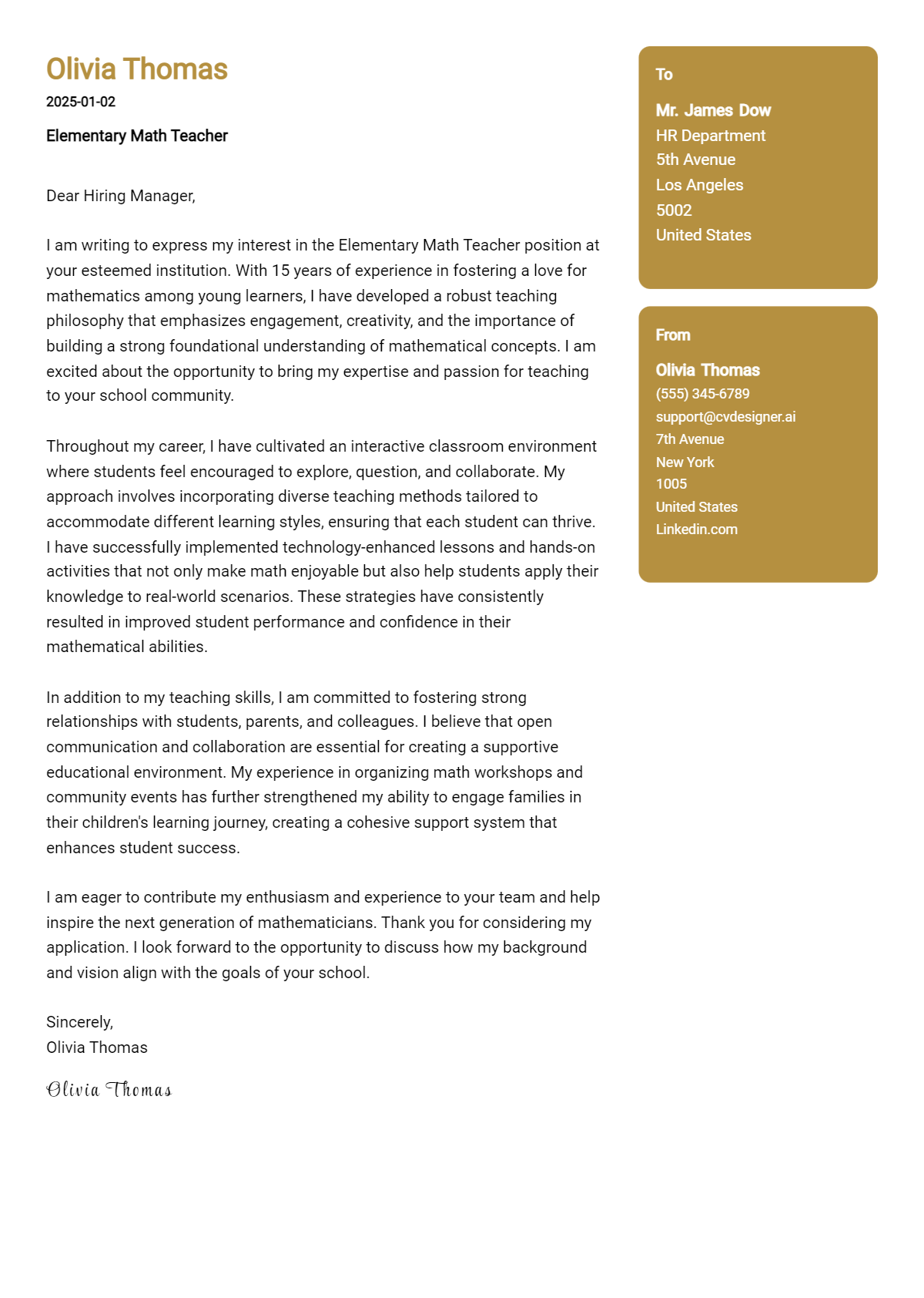 elementary math teacher cover letter example