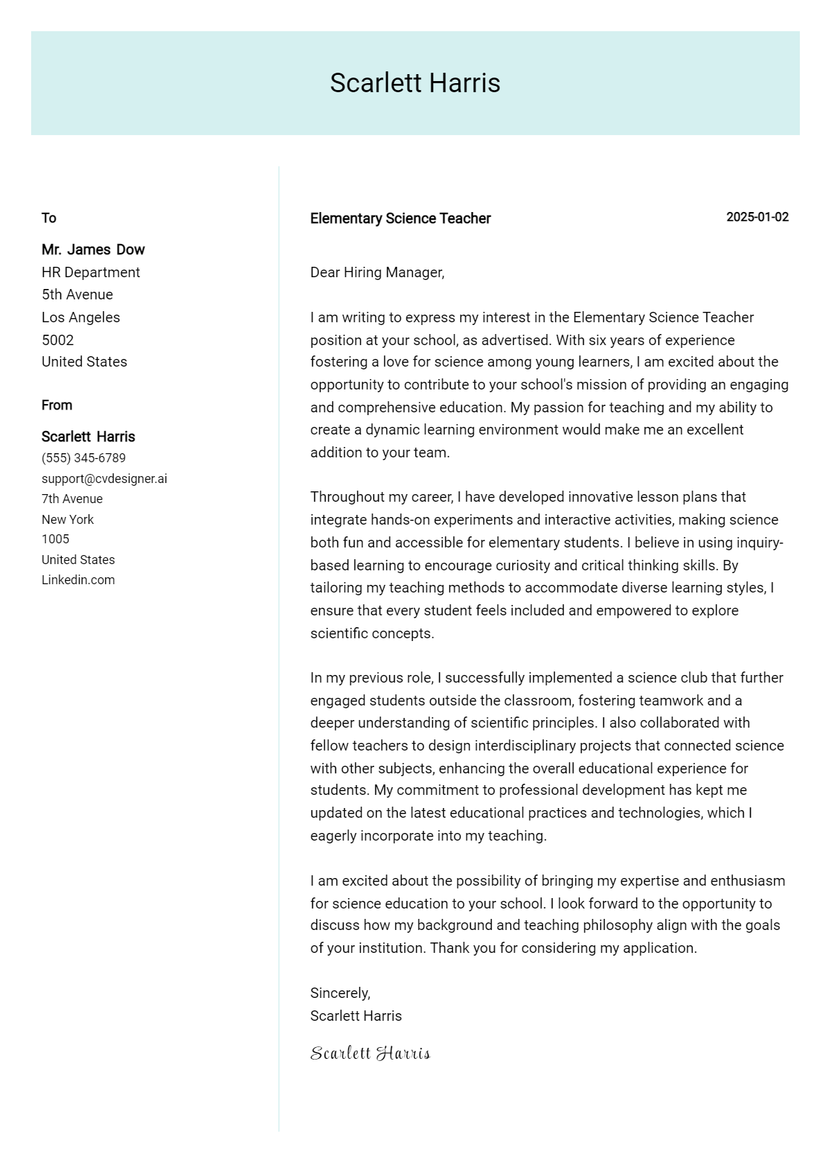 elementary science teacher cover letter example