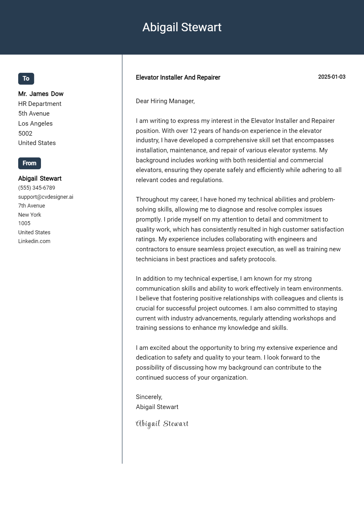 elevator installer and repairer cover letter example