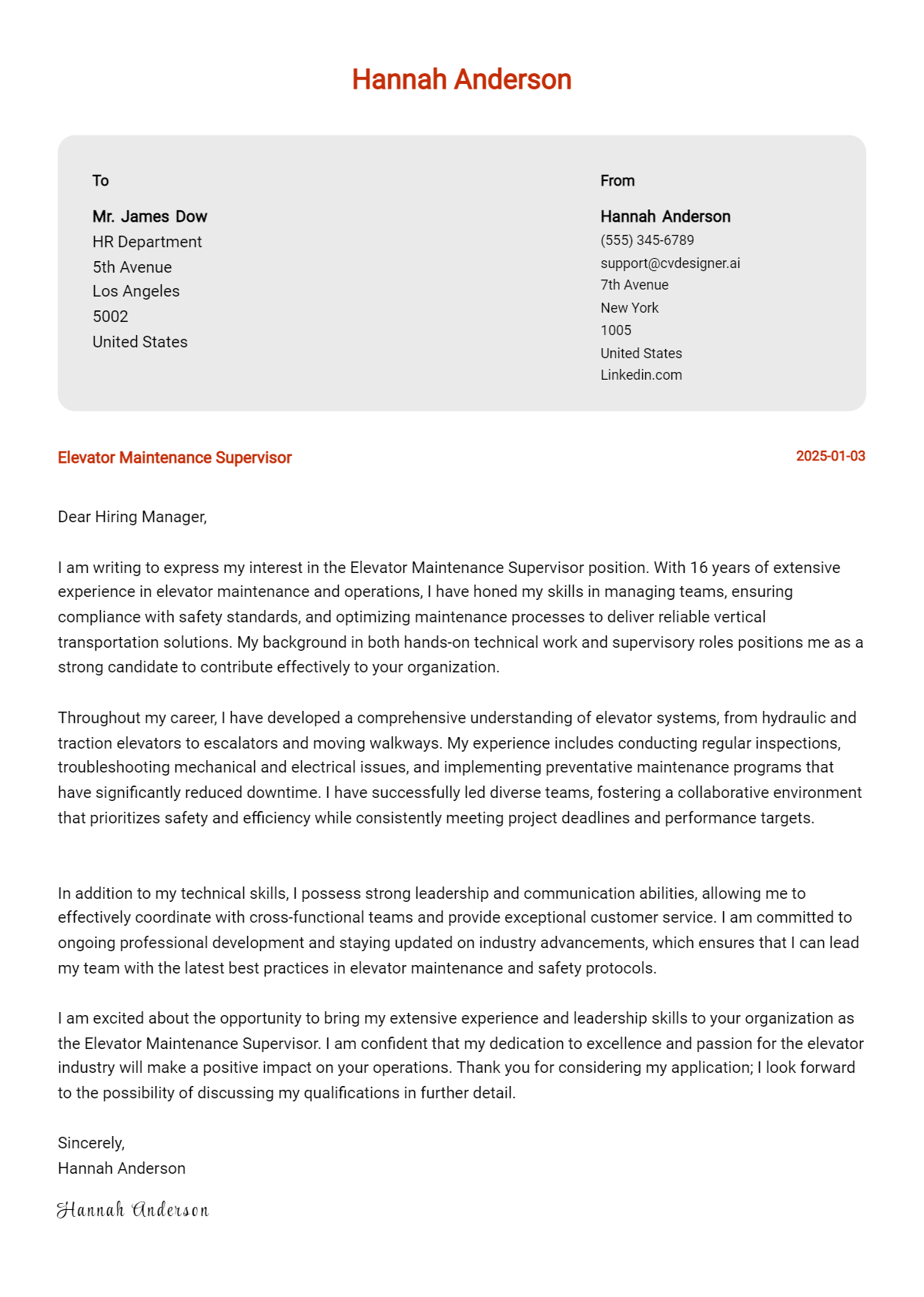 elevator maintenance supervisor cover letter example