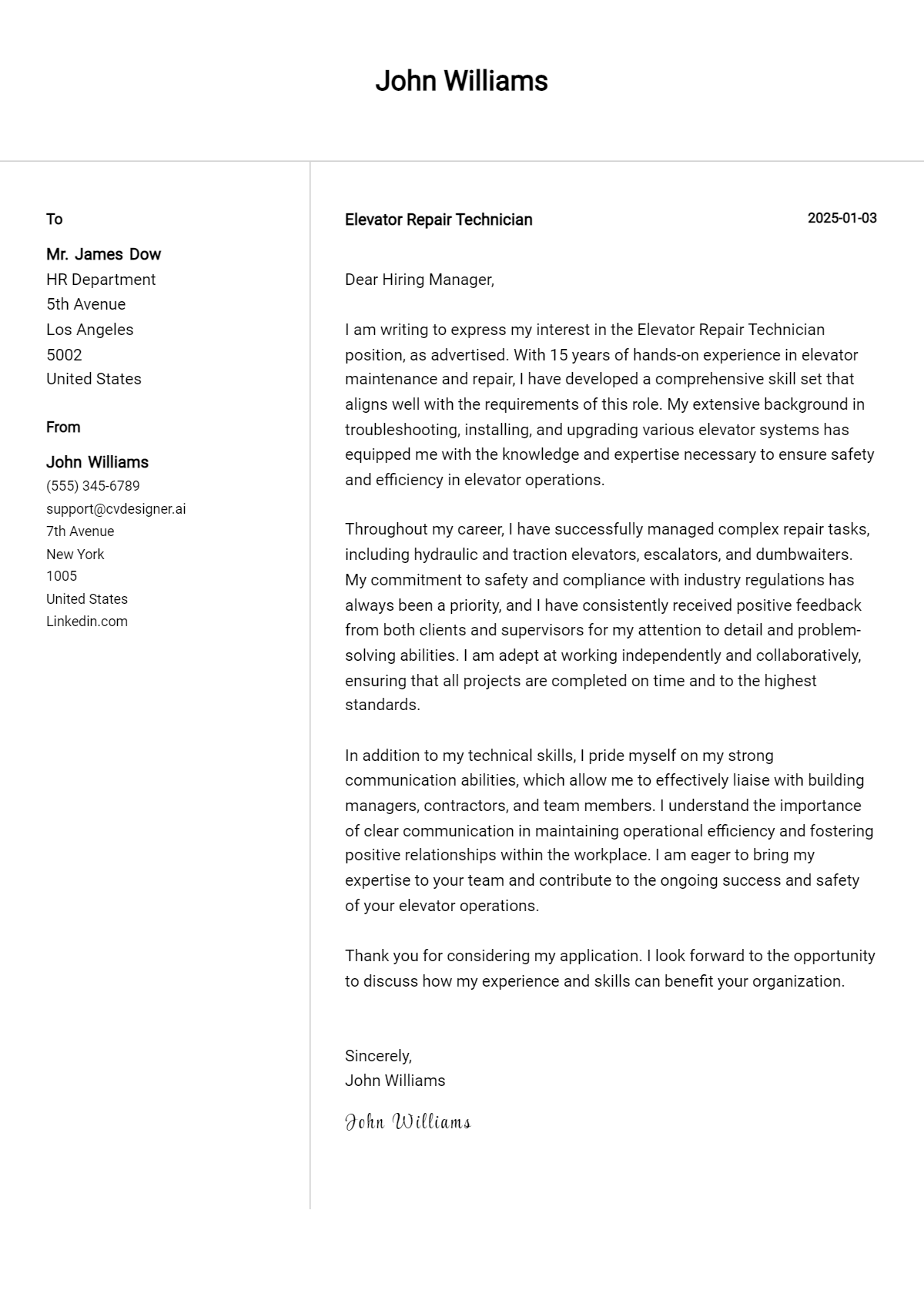 elevator repair technician cover letter example