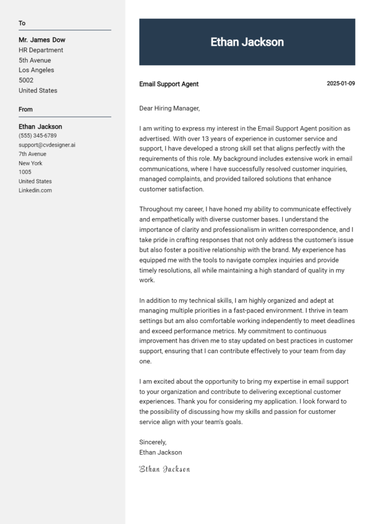 email support agent cover letter example