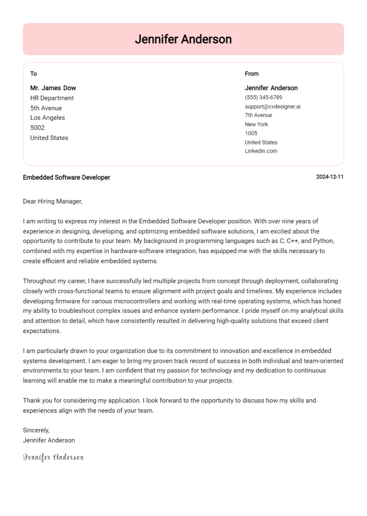 embedded software developer cover letter example