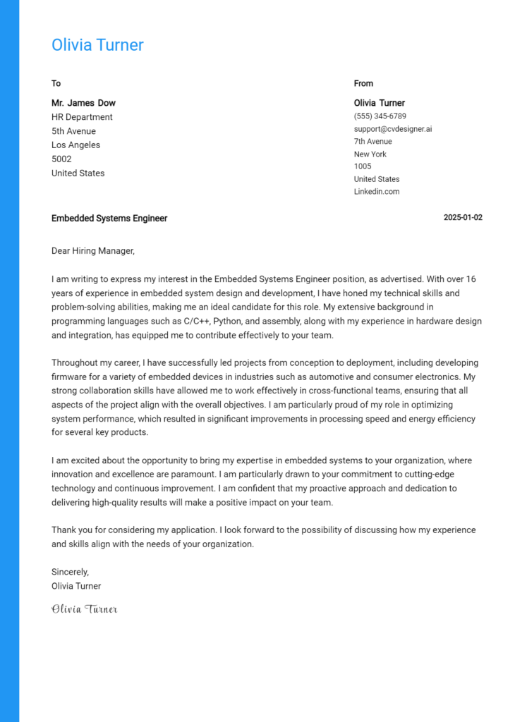 embedded systems engineer cover letter example