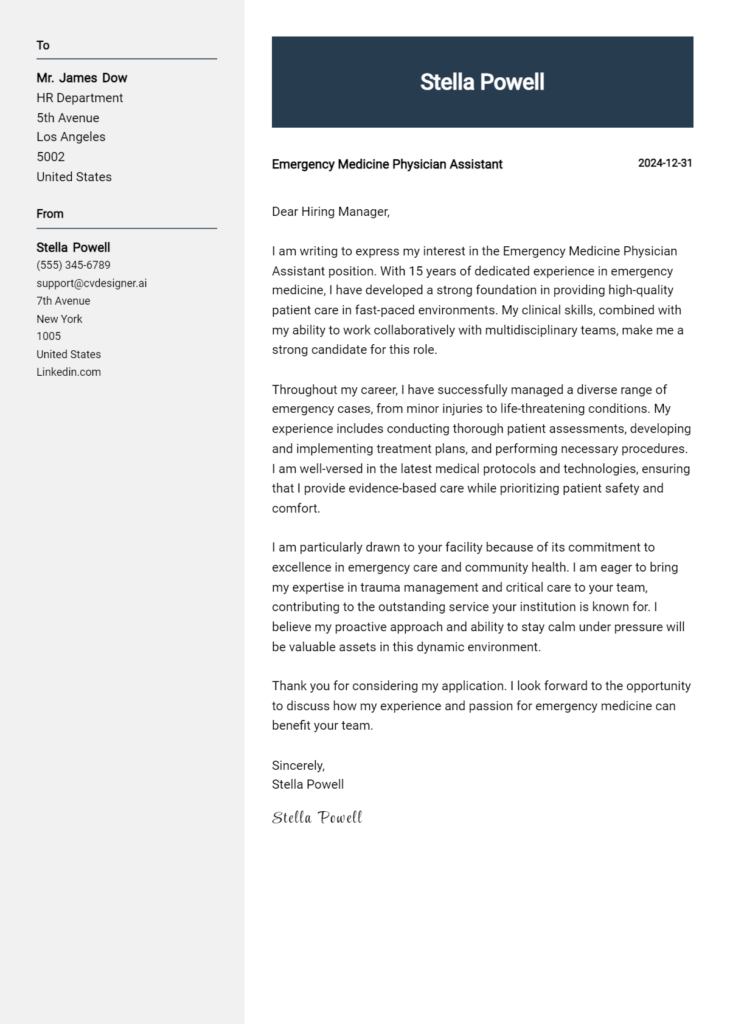 emergency medicine physician assistant cover letter example