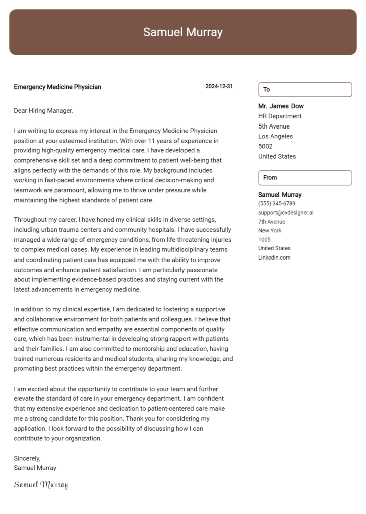 emergency medicine physician cover letter example