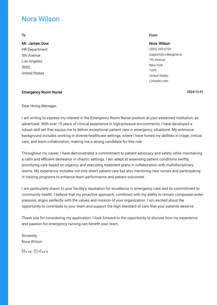 emergency room nurse cover letter example