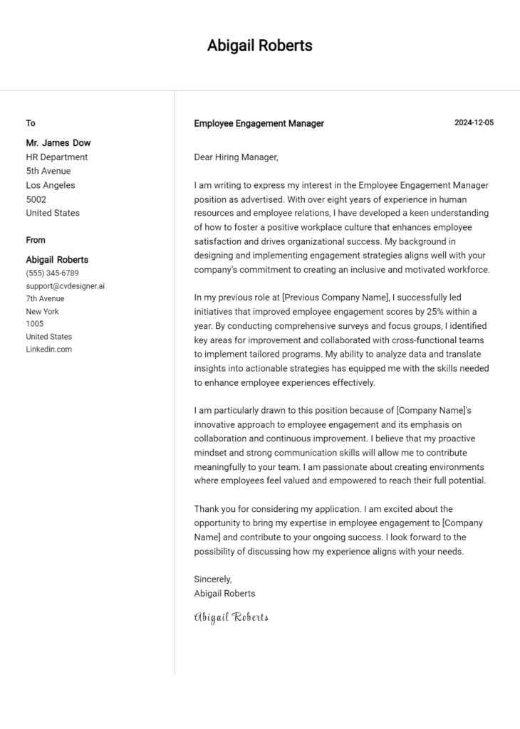 employee engagement manager cover letter example