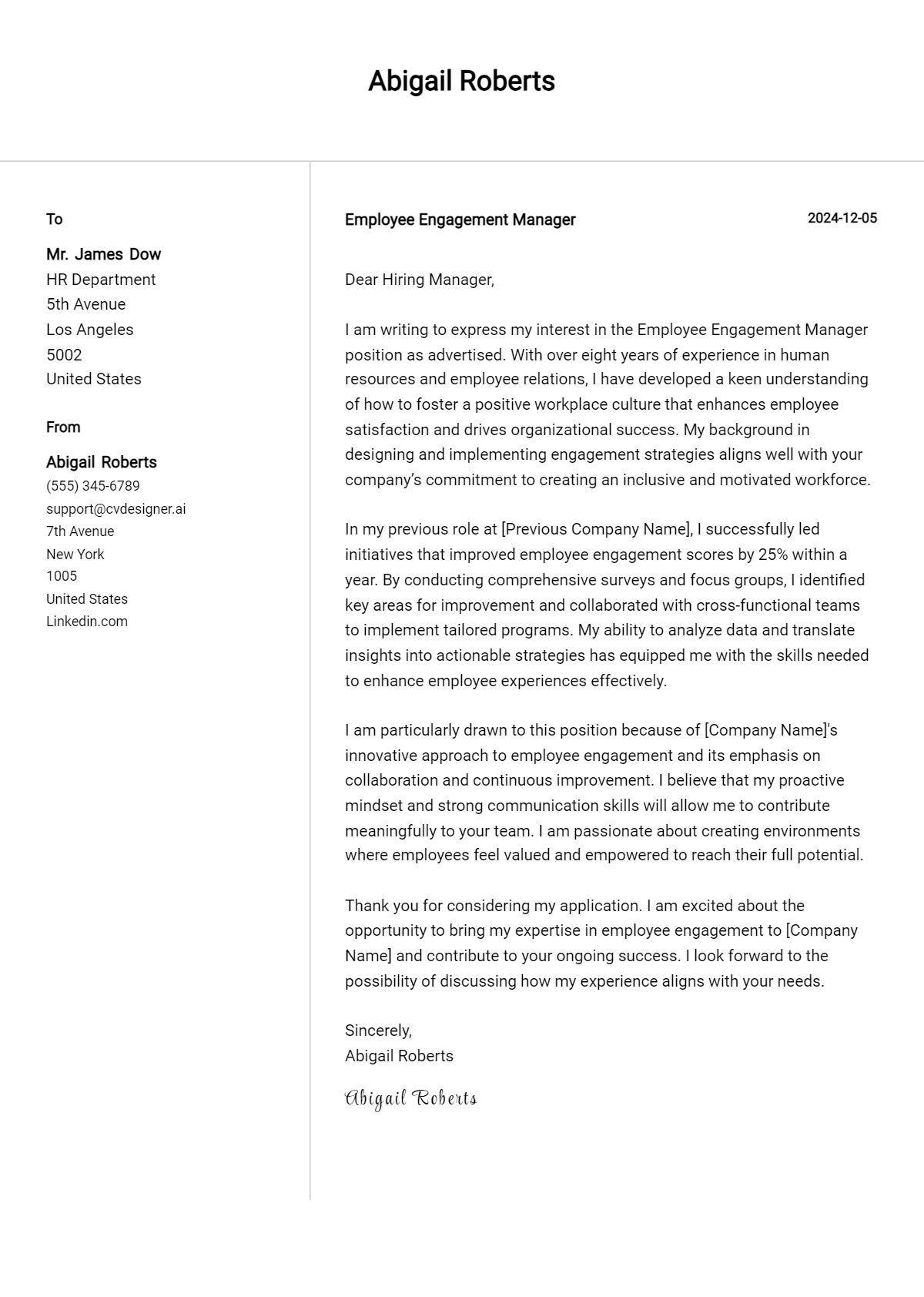 employee engagement manager cover letter example