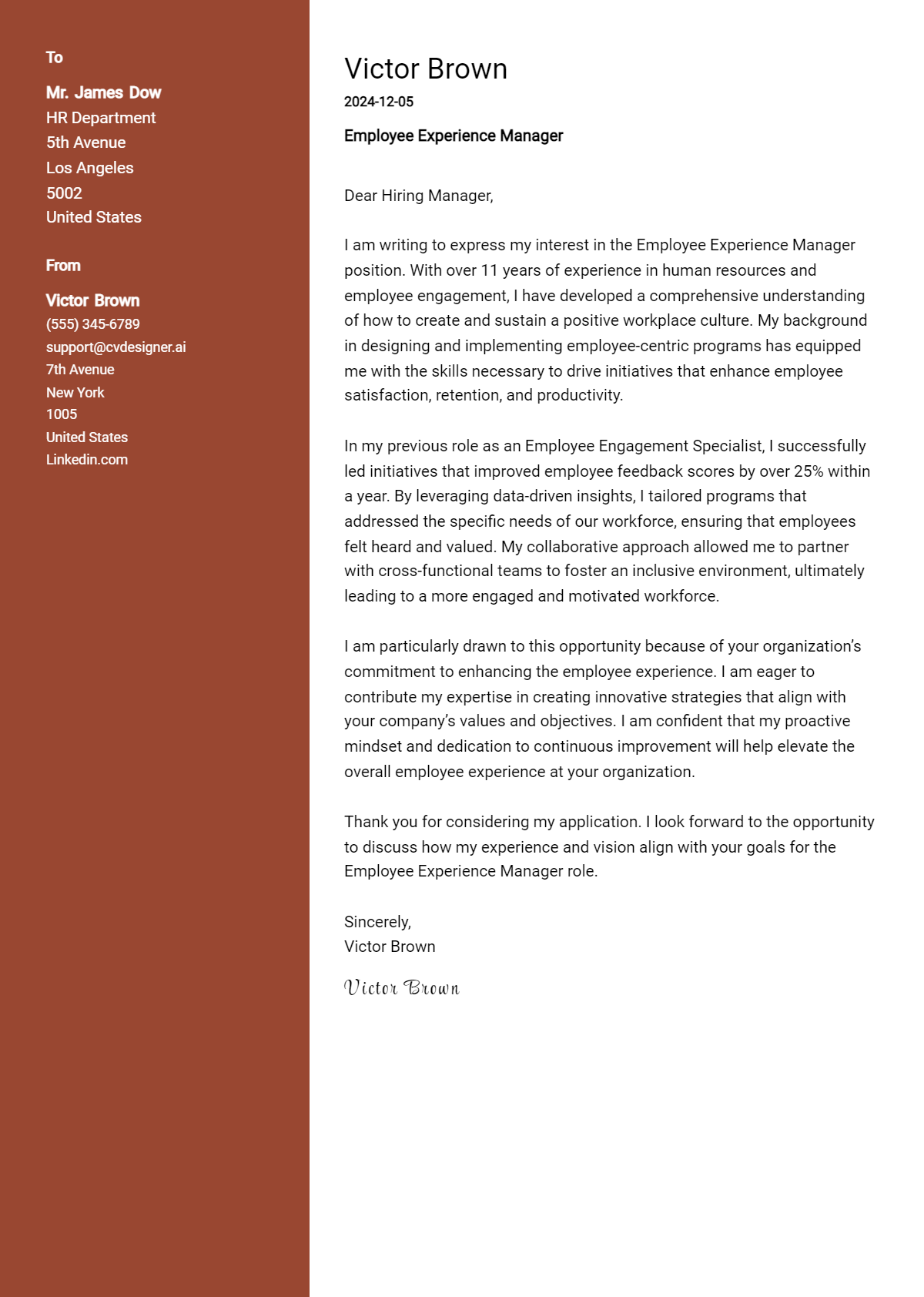 employee experience manager cover letter example