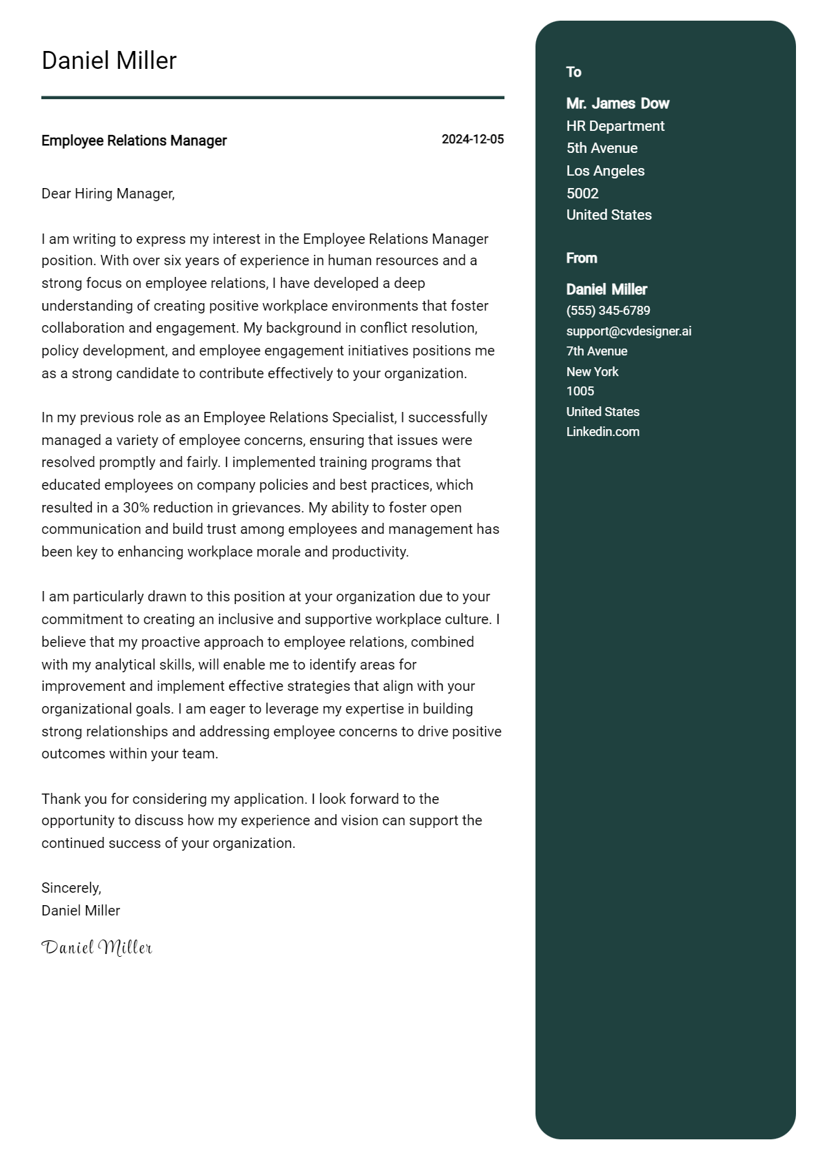 employee relations manager cover letter example