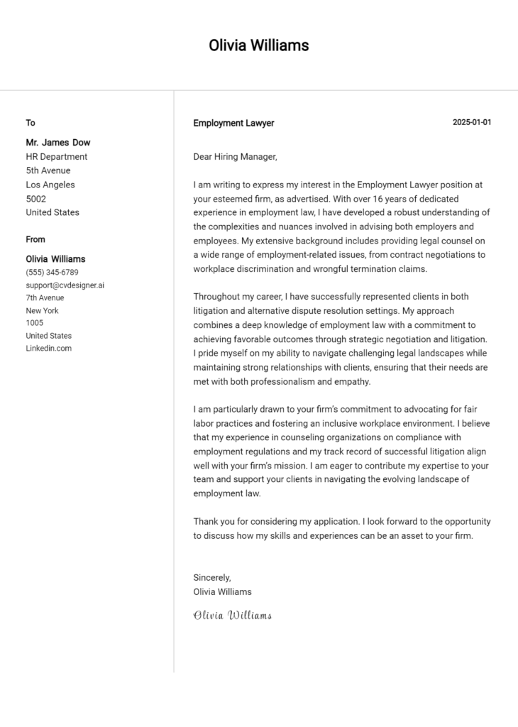 employment lawyer cover letter example