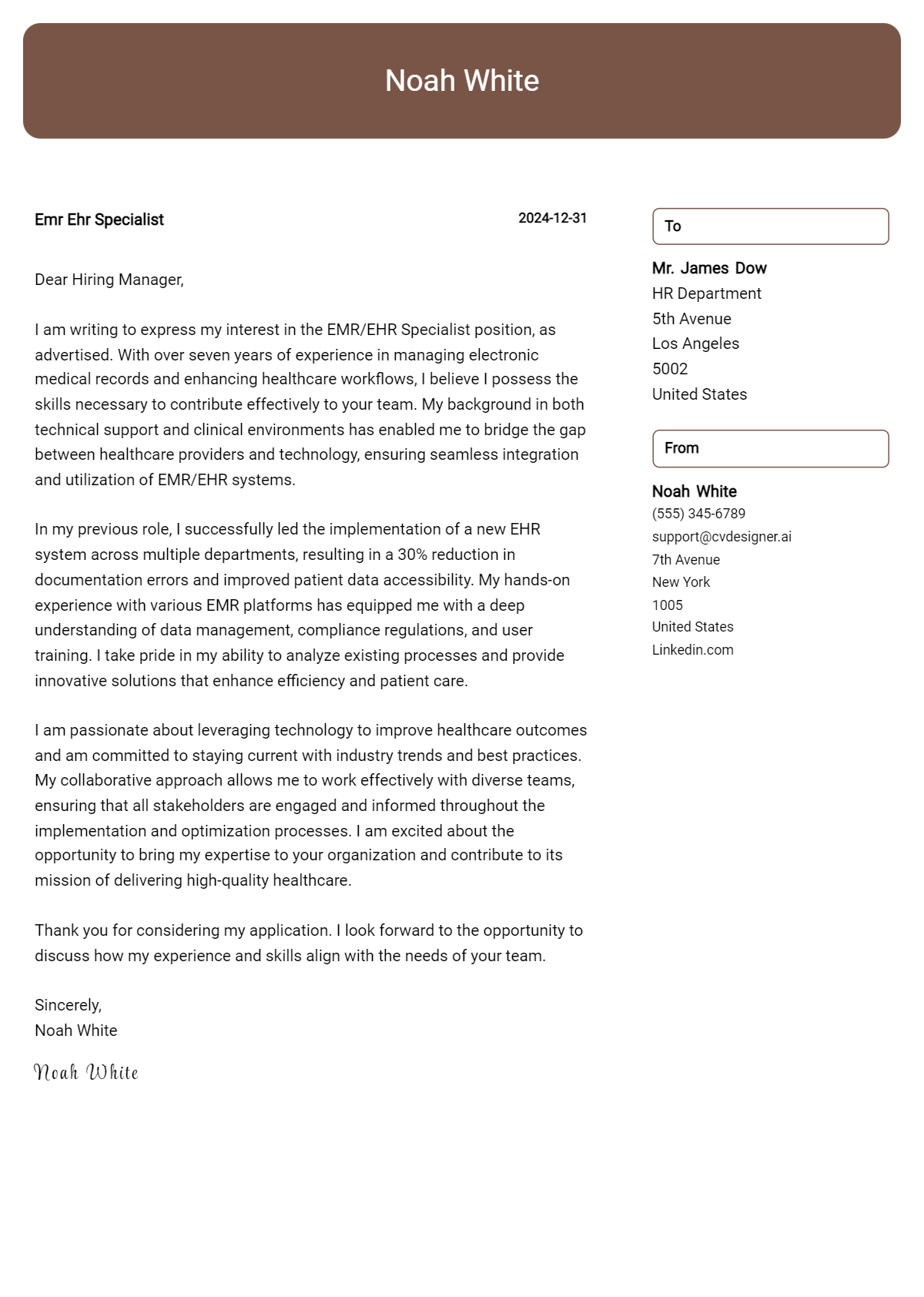 emr ehr specialist cover letter example