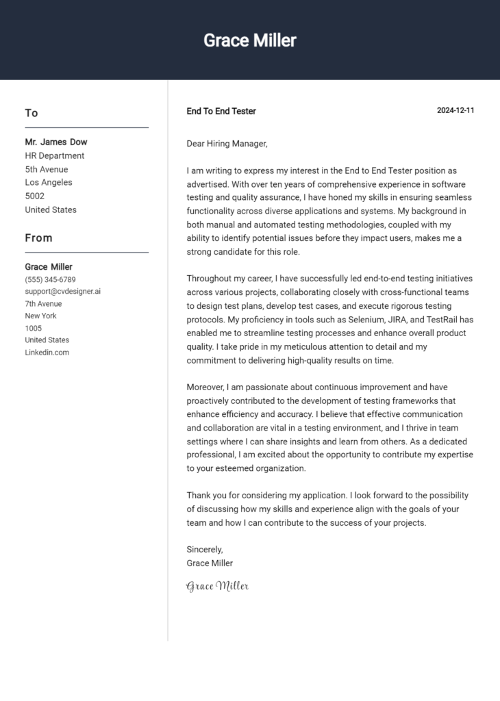 end to end tester cover letter example