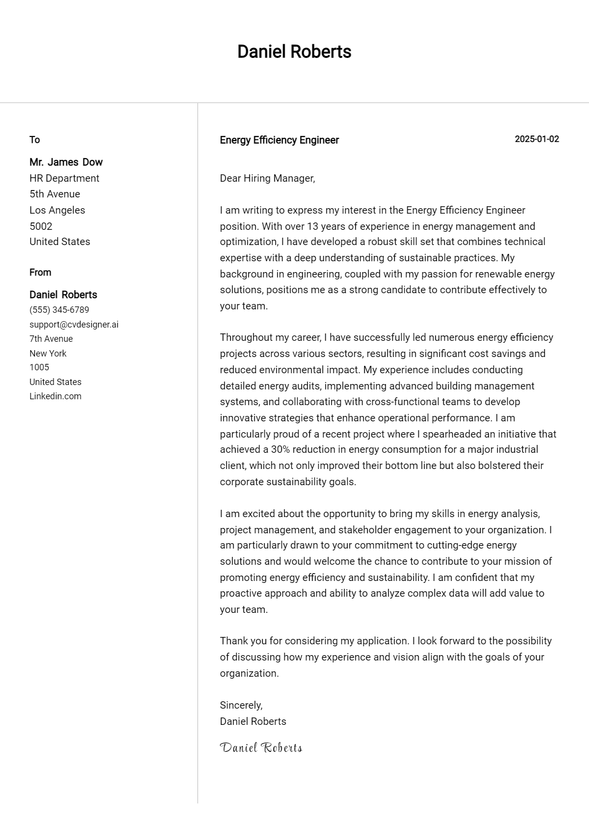 energy efficiency engineer cover letter example