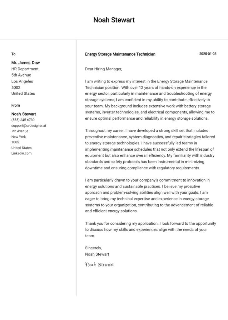 energy storage maintenance technician cover letter example