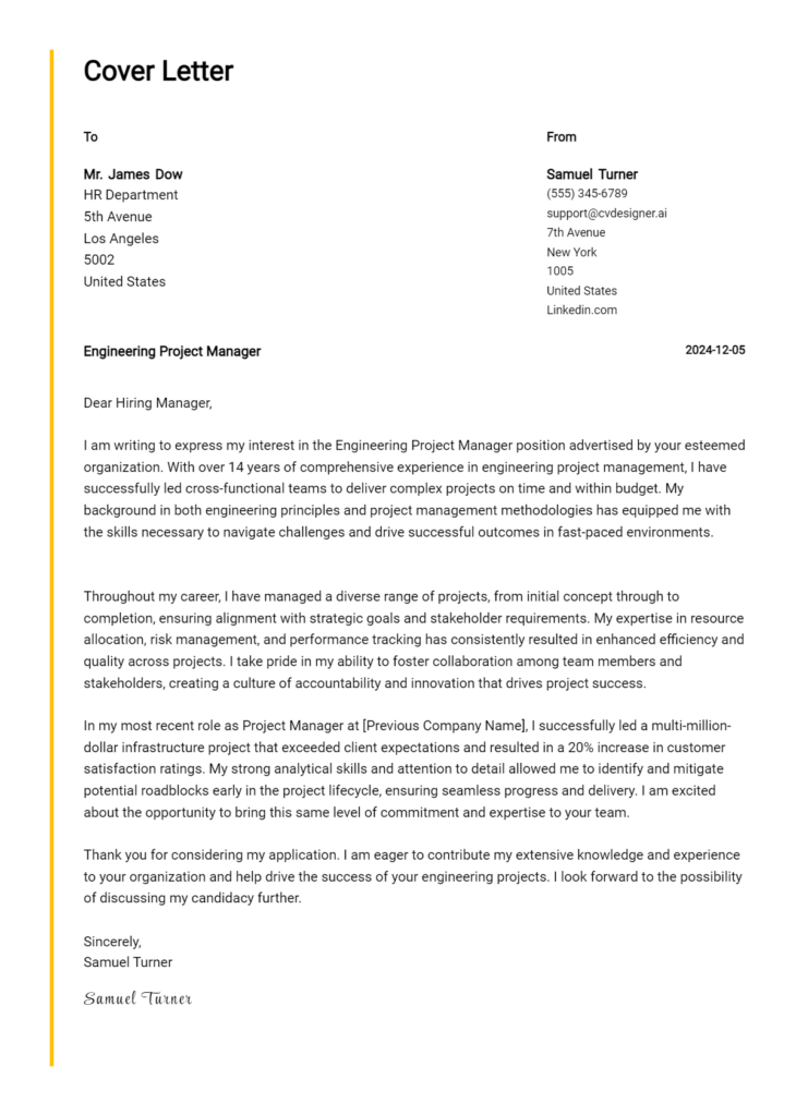 engineering project manager cover letter example