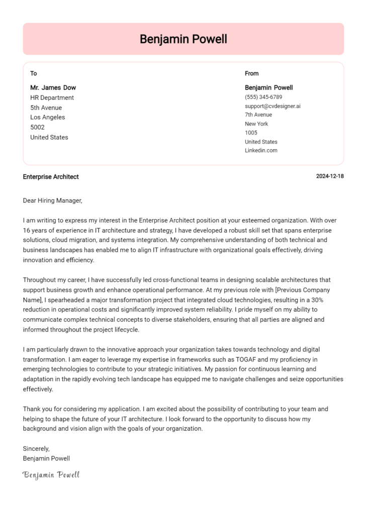 enterprise architect cover letter example